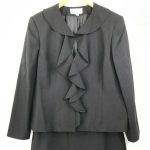 Le Suit Black 2 Piece Skirt Suit Lined Ruffle Fron